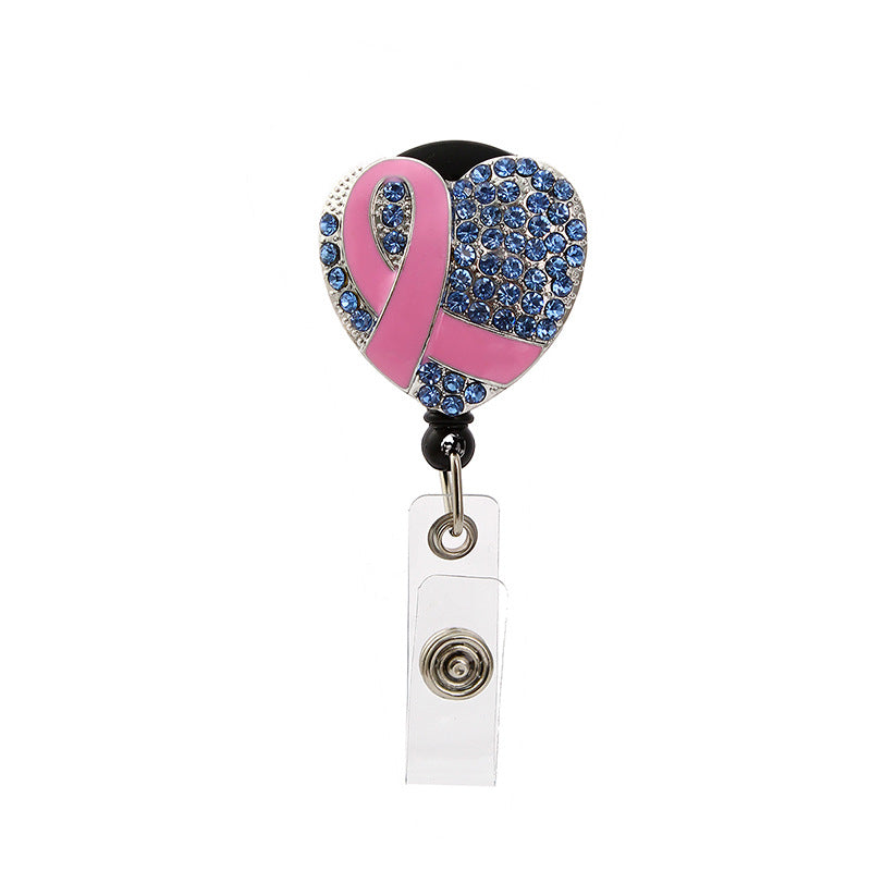 Wholesale Badge Reels Pink Ribbon Diamond Retractable Keychain Alloy Keychain